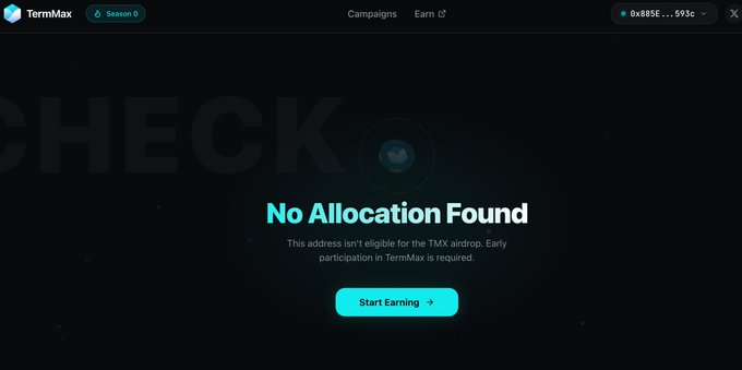 A screenshot from the TermMax website displaying 'No Allocation Found' with a message that the address isn't eligible for the TMX airdrop, featuring a 'Start Earning' button.