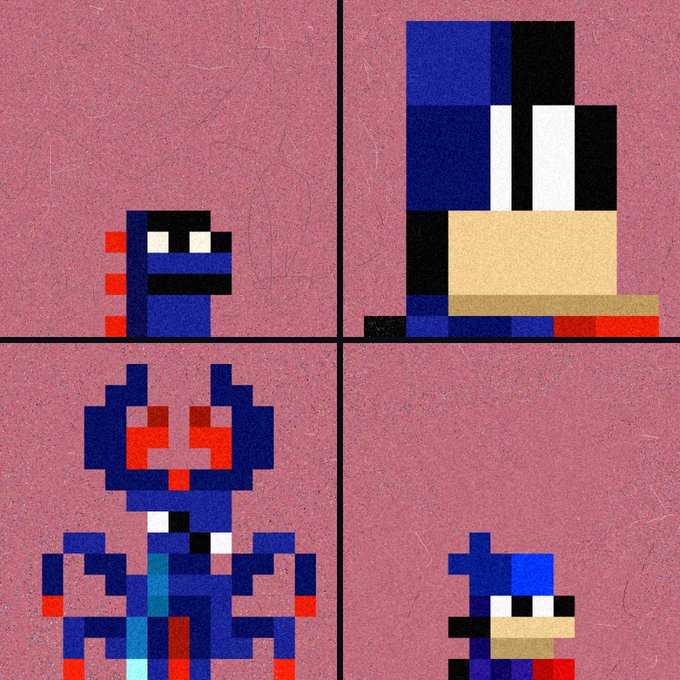 A pixel art collage on a mauve background displays four blue-toned characters—including a horned figure and smaller creature sprites—representing the "PATRIOT combo" of NFTs from the CreepKids collection by @leprochant.