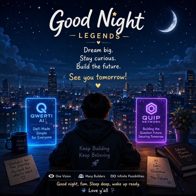 The image shows a night‑city skyline with a hoodie‑clad figure looking at glowing signs for **QWERTI AI** (“DeFi Made Simple for Everyone”) and **QUIP NETWORK** (“Building the Quantum Future”), beneath a “**Good Night LEGENDS**” banner and the mantra “**Dream big. Stay curious. Build the future. See you tomorrow!**”—a visual tribute that aligns with the post’s shoutout to @QwertiAI and @quipnetwork for their innovative DeFi and AI solutions.