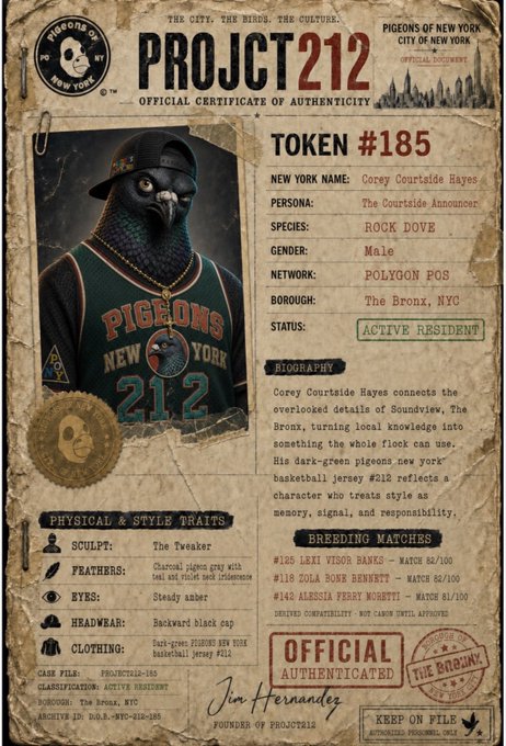 An 'Official Certificate of Authenticity' for 'Project 212' token #185 featuring a pigeon character named Corey Courtside Hayes wearing a New York basketball jersey, listing details like species (Rock Dove), borough (The Bronx, NYC), and various physical traits.