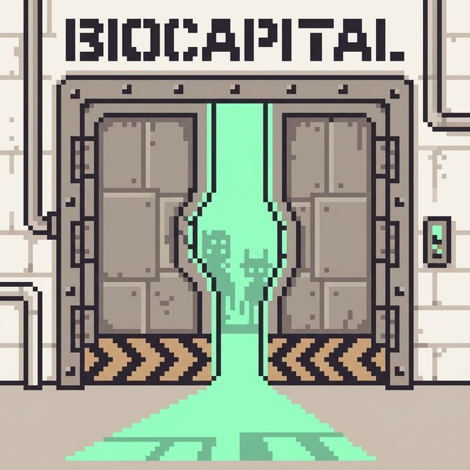 A pixel art image titled 'BIOCAPITAL' showing a skull dripping green liquid emerging from the center of large industrial doors with hazard chevron stripes at the bottom.
