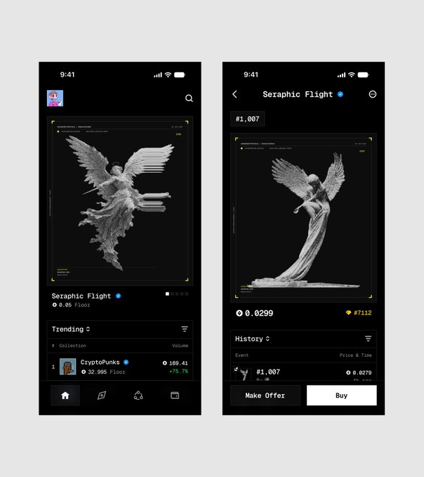 Two mobile app screens showing an NFT marketplace interface displaying a digital sculpture titled 'Seraphic Flight' with pricing information and Buy/Make Offer buttons.