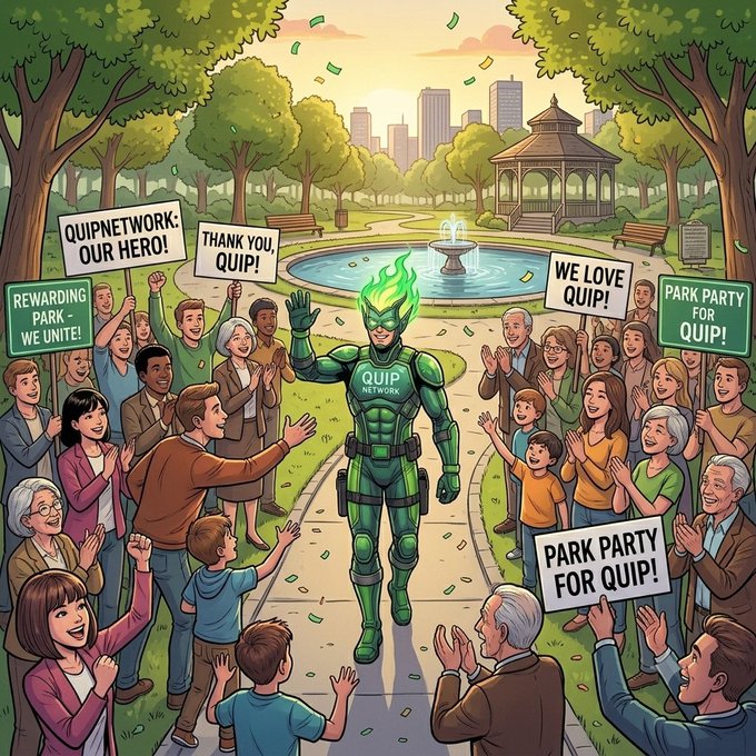 A cartoon illustration of a green superhero character labeled 'QUIP NETWORK' waving to a crowd of people holding signs that read 'QUIPNETWORK: OUR HERO!', 'WE LOVE QUIP!', and 'PARK PARTY FOR QUIP!' in a park setting.