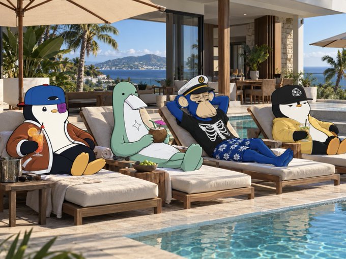 An animated illustration of cartoon penguins and a gorilla in tropical/beach outfits lounging on poolside chairs at a luxury resort with an ocean backdrop.