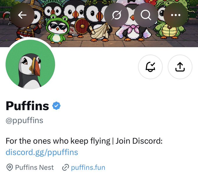 A Twitter profile page for "Puffins" (@ppuffins), a verified account featuring cartoon penguin characters. The bio reads "For the ones who keep flying" with a Discord link (discord.gg/ppuffins), a location of "Puffins Nest," and website puffins.fun, relating to the post's mention of the @ppuffins NFT launch with a total supply of 3,333 and a mint date of September 1st at $7.50.
