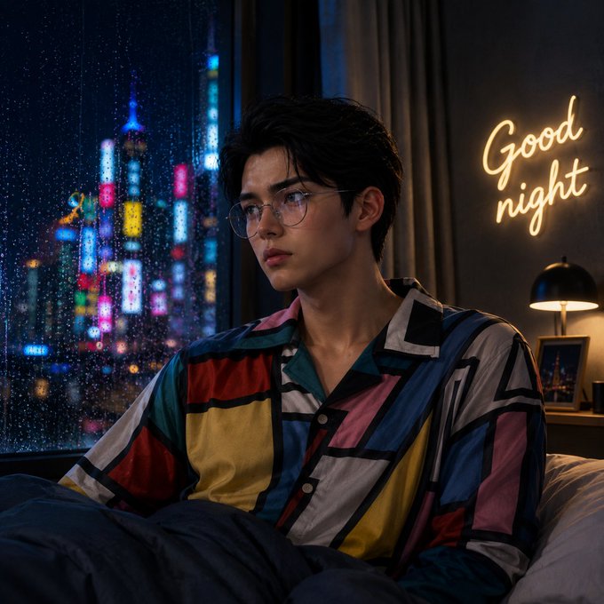 A young man with glasses and dark hair sits on a bed, wearing a colorful geometric-patterned shirt, with a neon "Good night" sign and a rainy city skyline visible through the window behind him.