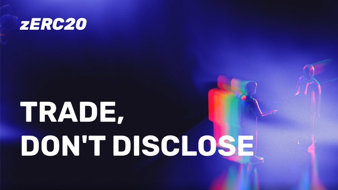 A promotional graphic with the text 'zERC20' and 'TRADE, DON'T DISCLOSE,' featuring silhouetted figures with chromatic aberration effects against a dark purple background.