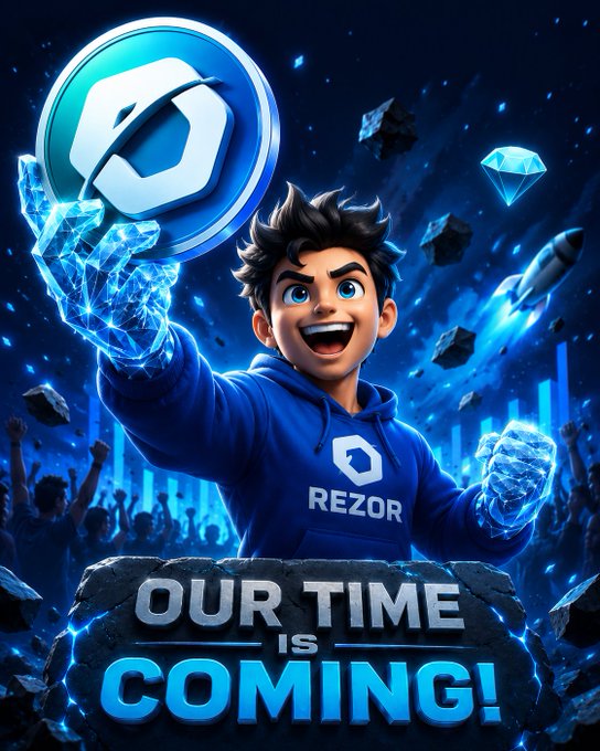 A promotional graphic features an animated character wearing a blue 'REZOR' hoodie triumphantly holding up a digital coin logo, with the bold text 'OUR TIME IS COMING!' displayed below.