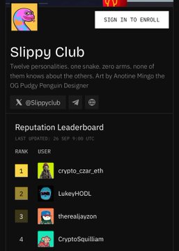 A digital profile page displays the "Slippy Club" NFT collection by Anatine Ming the OG Pudgy Penguin Designer, featuring a "Sign In To Enroll" button and a Reputation Leaderboard ranking top members including crypto_czar_eth (1st), LukeyHODL (2nd), therealjayson (3rd), and CryptoSquilliam (4th).