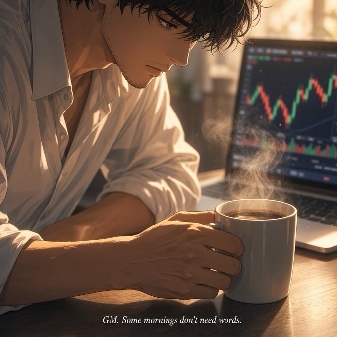 An anime-style illustration of a man holding a steaming coffee mug in front of a laptop displaying a stock chart, with the text 'GM. Some mornings don't need words.'