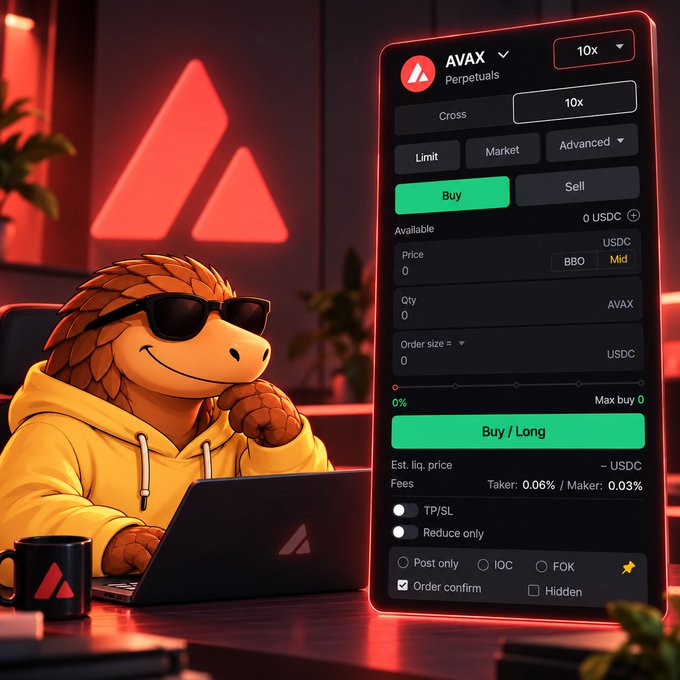 A cartoon pangolin character wearing sunglasses and a yellow hoodie uses a laptop displaying an AVAX Perpetuals trading interface with 10x leverage, Buy/Long options, and order details for AVAX/USDC.