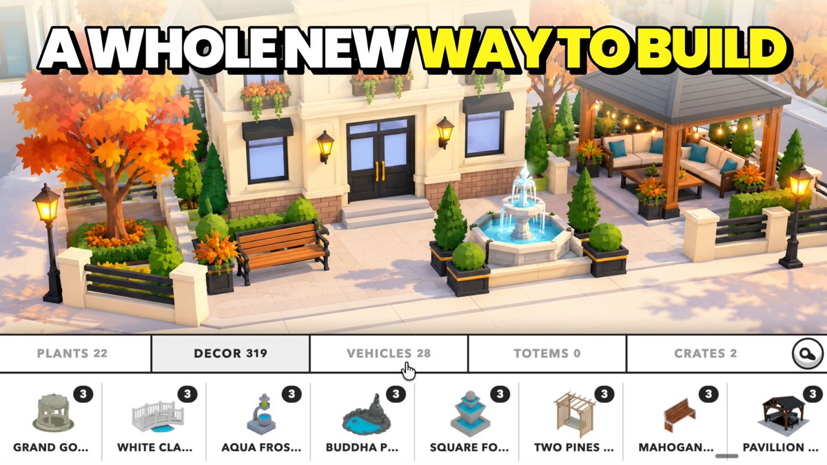 A vibrant game scene showcases "A WHOLE NEW WAY TO BUILD" with a beautifully decorated property featuring fountains, planters, and a pavilion. The bottom menu highlights categories like "PLANTS 22," "DECOR 319," "VEHICLES 28," and "TOTEMS 0," with available decor items such as "GRAND GO...," "WHITE CLA...," and "AQUA FROS..."—aligning with the post's preview of expanded property decoration tools coming to Upland.