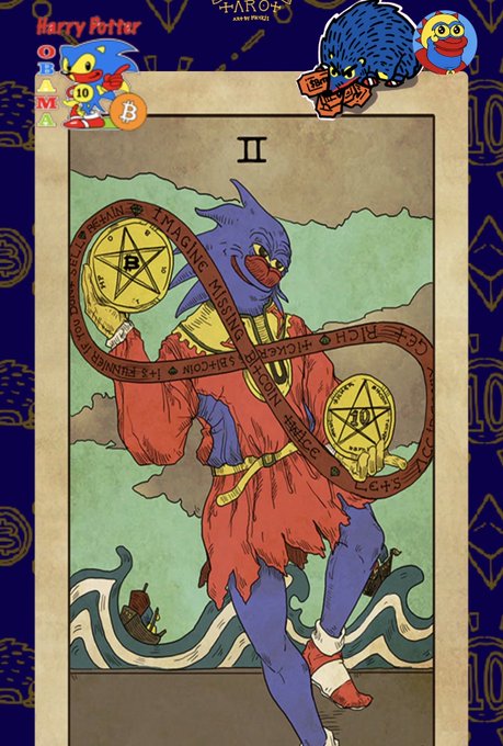 A Harry Potter-themed tarot card numbered II (The Magician) featuring a Sonic the Hedgehog illustration holding pentacles, with cartoon stickers at the top referencing Bitcoin and Harry Potter.