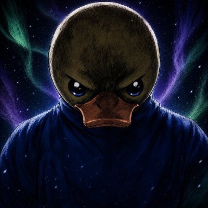 A digital illustration of a humanoid duck with a green head and serious expression, wearing a blue robe against a cosmic purple and green background.