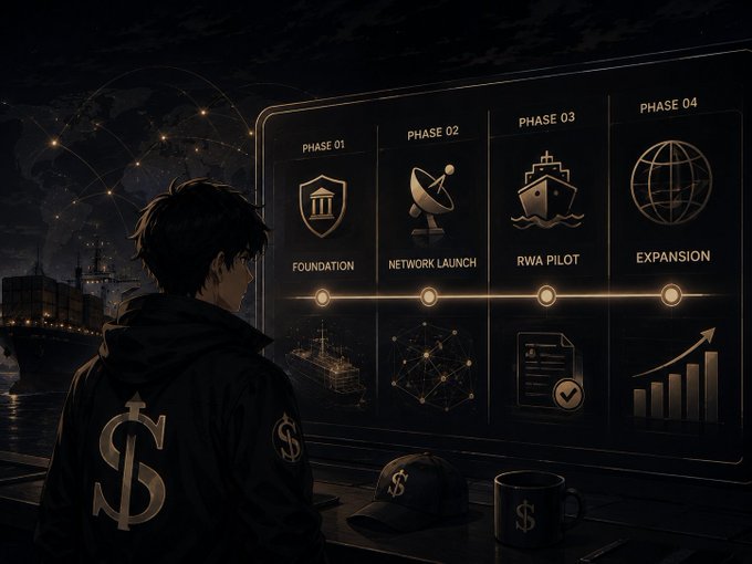 A young man wearing a dollar-sign hoodie looks at a four-phase roadmap labeled "PHASE 01 FOUNDATION," "PHASE 02 NETWORK LAUNCH," "PHASE 03 RWA PILOT," and "PHASE 04 EXPANSION," with shipping containers and a globe visible in the background. The image visually mirrors the post's message by illustrating the structured, growth-focused stages of the Ethra Protocol, with the interconnected phases symbolizing the project's long-term vision rather than short-term hype.