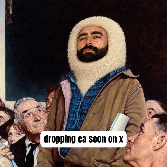 A man with a beard wearing a furry hat that frames his face, standing in front of a crowd, with text overlay reading 'dropping ca soon on x'.