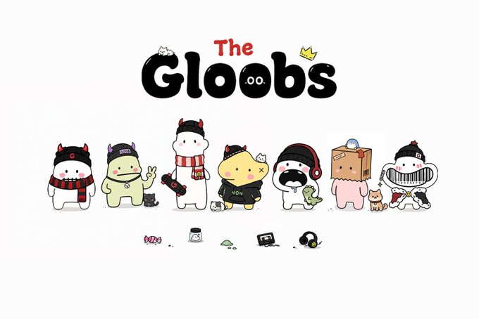 The image features a poster for an event called "The Gloobs" that includes several cartoon characters, including a group of seven mice wearing hats with crowns. The poster also contains text promoting the event or giveaway, which reads "The Gloobs #Gloobs #eth #pandaanft #RT #drop EVM #24H Good luck".