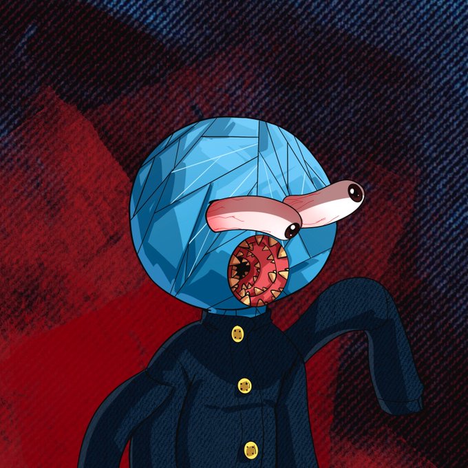 The image features a cartoon character with blue eyes, a red nose, and a face mask covering its mouth. The character appears to be wearing a black jacket and has a yellow button on its shirt. The background of the image is dark red, which contrasts with the blue color of the character's face. There are also some text elements in the image that read "I'm giving away 3 GTD spots for Ded Mundos Supply: 2500, Upcoming free Mint on ETH To enter: • Follow me, @dedmundos & @Lambo_cult • Like + RT this post • Drop your address Winners will be announced in 6 hours (DYOR)". The image seems to be related to a post about a new cryptocurrency called Ded Mundos.