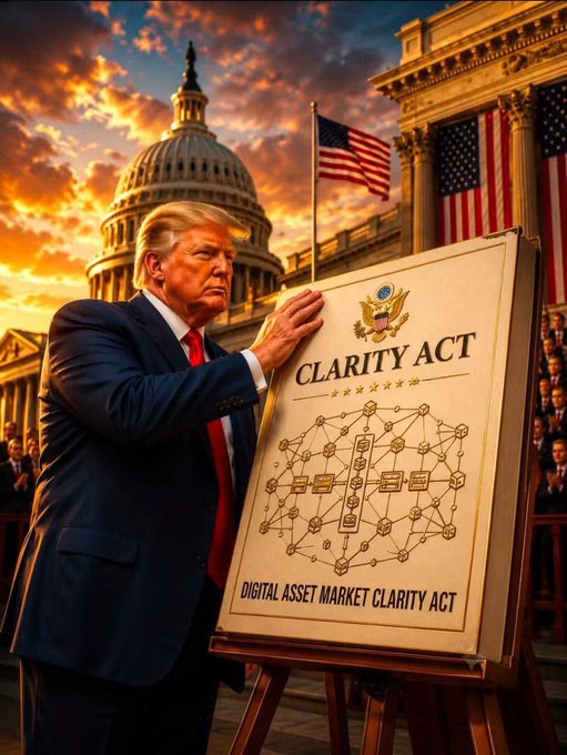 Donald Trump unveils the "Digital Asset Market Clarity Act," a proposed law aimed at bringing regulatory clarity to the crypto industry. This image visually represents the call for legislative action mentioned in the accompanying post.