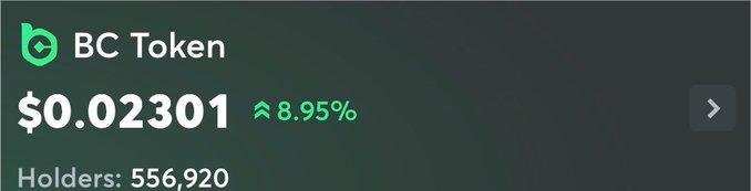 A token information display showing BC Token priced at $0.02301 with an 8.95% increase, and 556,920 holders.