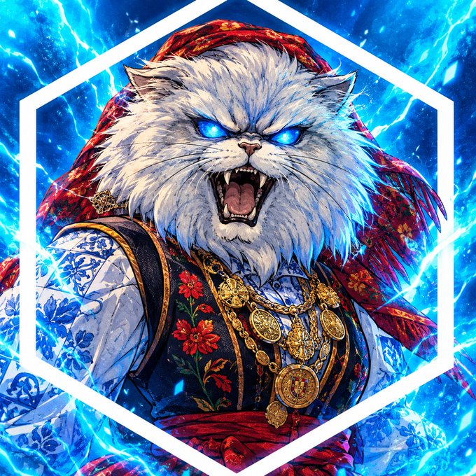An anime-style illustration depicts a fierce, roaring white cat with glowing blue eyes, wearing ornate medieval garments with gold medallions, framed within a hexagon against a background of crackling blue lightning.