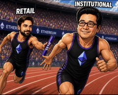 The image depicts a cartoon-style race between two runners labeled "RETAIL" and "INSTITUTIONAL," both wearing Ethereum-themed jerseys on a track. The scene symbolizes how institutional investors are outpacing retail in the crypto space, aligning with the post's promotion of $BMNP as an institutional-grade, ETH-yield-funded preferred instrument available to retail investors.