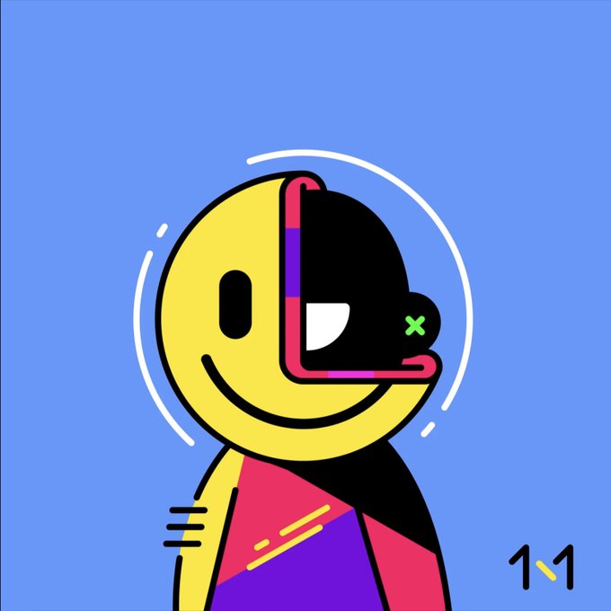 A stylized illustration of a yellow smiley face character with a half-open mouth showing a black interior, set against a blue background with '1.1' in the corner.