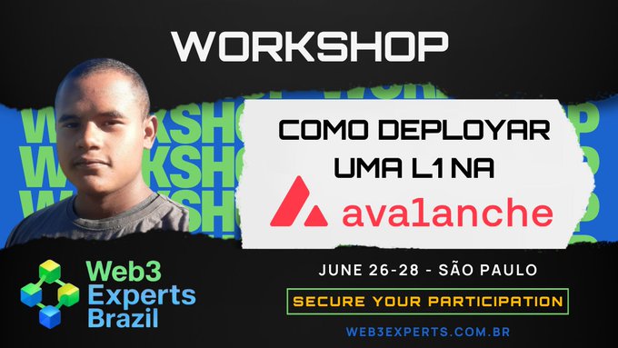 The image features a man with short hair wearing a gray shirt who appears to be a participant at an event, possibly a workshop or conference. The background of the image has text that reads "Workshop Como Deployar uma L1 na Avalanche, você vai aprofundar seu entendimento sobre infraestrutura blockchain e criação de". This suggests that the man is attending an event related to blockchain technology or cryptocurrency development. The image also includes a logo for Web3 Experts Brazil and a website address "www.websexperts.com.br" which might be used as a registration page or additional information about the workshop.