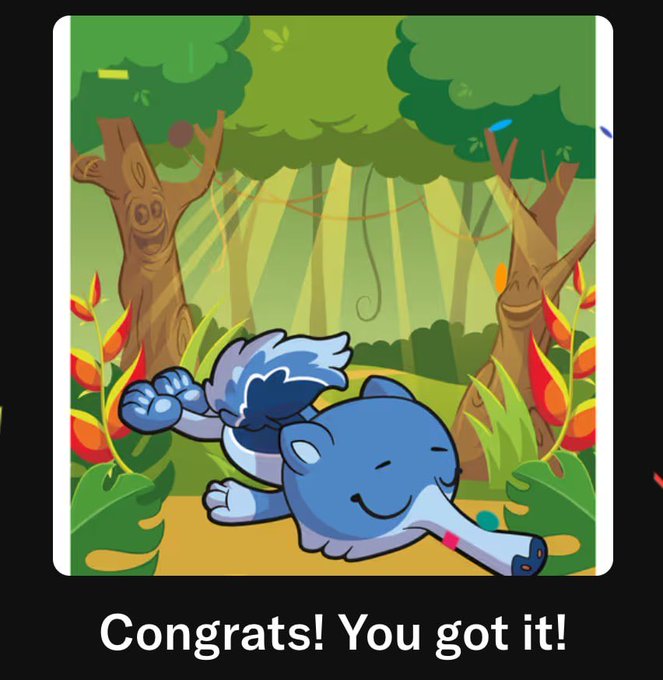 The image features a cartoon cat with blue fur, lying down on its back with its eyes closed, giving the impression of being asleep or resting. The background of the image depicts a forest scene with trees and bushes, creating an overall sense of tranquility and relaxation. In the bottom right corner of the image, there is text that reads "Congratulations! You got it!". This message seems to be related to the cartoon cat in some way, possibly as part of a game or challenge involving the cat's actions within the forest setting.