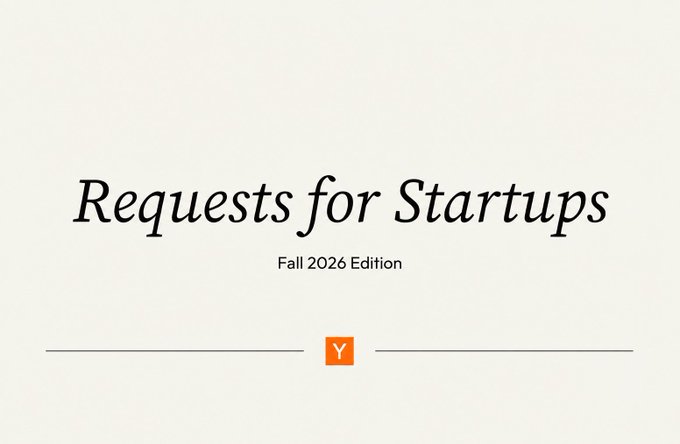 A minimalist slide titled "Requests for Startups — Fall 2026 Edition" featuring the Y Combinator "Y" logo at the bottom, serving as YC's seasonal call for startup ideas. The image contextualizes the accompanying post about FAIR, which appears to be YC's response to their own RFS by building programmable infrastructure for private markets that combines AI-native compliance, stablecoin tools, and trusted workflow controls.