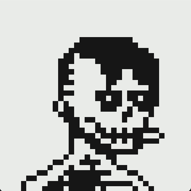 Pixel art of a skeleton character with a skull-like face, hollow eyes, and tattered clothing against a light gray background.