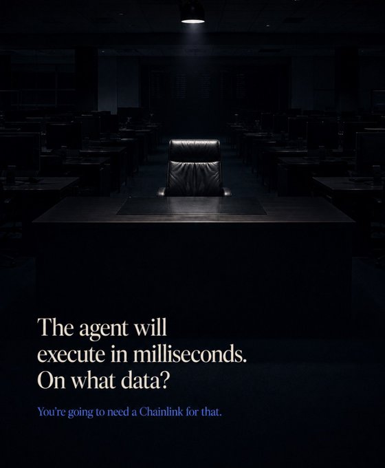 Dark cinematic image of an empty leather chair with the text 'The agent will execute in milliseconds. On what data? You're going to need a Chainlink for that.'