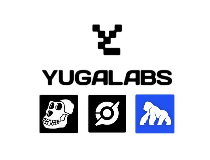 The image features a logo for an organization named "Yugalabs" with three different symbols representing a gorilla, a computer mouse, and a camera. The text "THAT ERA IS OVER" is also present in the image. The post announces that the company is closing down its operations as part of a reorganization process to realign and support the @apecoin project.