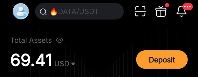 A mobile app screenshot showing a trading interface with $69.41 USD total assets and a search bar displaying the DATA/USDT trading pair.