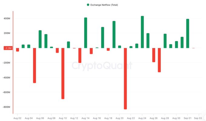 A bar chart titled 'Exchange Netflow (Total)' from CryptoQuant, showing daily inflows (green) and outflows (red) across early August to early September, with significant outflow spikes around August 10 and August 20.
