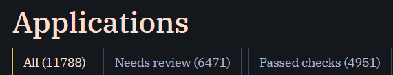 A dark interface screenshot titled "Applications" showing three filter buttons: "All (11788)" highlighted in orange, "Needs review (6471)", and "Passed checks (4951)".