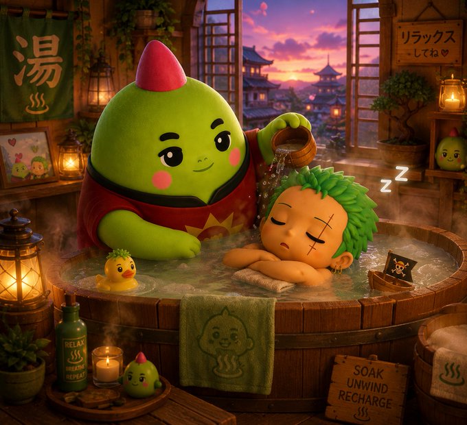 The image features a cartoon scene of two characters - one green and one yellow - sitting inside a wooden bathtub filled with water. The character on the left appears to be a giant stuffed animal or toy, while the other character is a person depicted in a cartoon style. A sign reading "Soothe Unwind Recharge" can also be seen in the image.