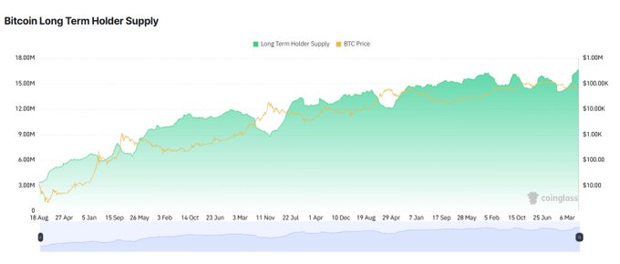 Coinglass chart titled 'Bitcoin Long Term Holder Supply' showing the relationship between long-term holder supply (green) and BTC price (yellow line) from August to June.