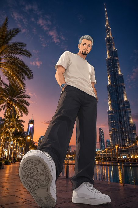 An anime-style illustration of a man with blue-gray hair and a beard standing in front of the Burj Khalifa at sunset.