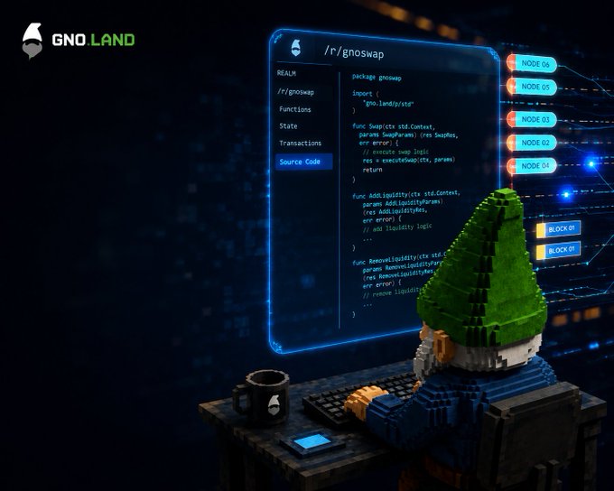 A voxel-style gnome character sits at a desk looking at a glowing screen displaying Go source code for a package called 'gnoswap' on the GNO.LAND platform, with blockchain nodes and blocks visible in the background.