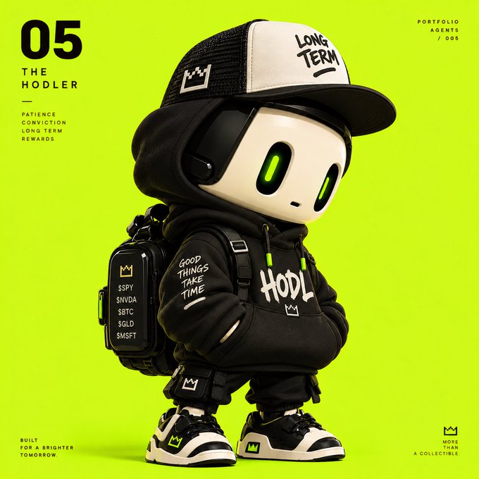 A 3D rendered character called 'The Hodler' (05 from Portfolio Agents / 005) wearing a 'Long Term' cap, a 'HODL' hoodie, and a backpack listing tickers ($SPY, $NVDA, $BTC, $GLD, $MSFT), with text 'Patience, Conviction, Long Term Rewards'.