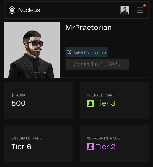 A Nucleus profile page for 'MrPraetorian' (@MrPraetorian) shows an avatar of a bearded man with sunglasses, displaying $500 AURA, Overall Rank Tier 3, On-Chain Rank Tier 6, and Off-Chain Rank Tier 2.