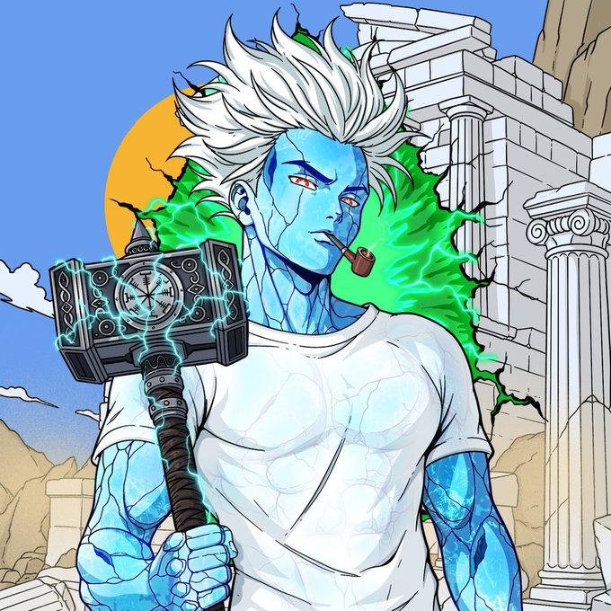 An anime-style illustration depicts a muscular, blue-skinned character with white hair, red eyes, and a cracked texture, holding a glowing, hammer-like weapon with a pipe in his mouth.