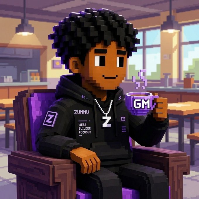 A pixel-art character labeled "ZUNNU - WEB3 BUILDER FOCUSED" sits in a chair holding a purple mug that reads "GM," with steam rising from it in a warmly lit cafe setting.