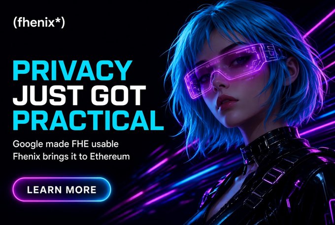 Cyberpunk-style advertisement for '(fhenix*)' featuring a blue-haired woman with neon pink visor, text 'PRIVACY JUST GOT PRACTICAL' and 'LEARN MORE' button.
