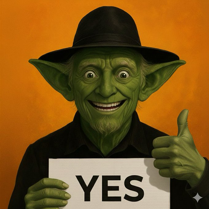 The image features a cartoon character dressed as a green elf wearing a black hat and holding up a sign that says "YES". The character appears to be giving a thumbs-up gesture, indicating their approval or agreement with the statement. The background of the image is orange, which contrasts with the green color of the character's outfit and adds visual interest to the scene.
