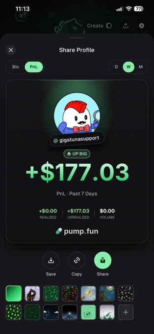 A phone screenshot of a 'Share Profile' screen showing a +$177.03 profit over the past 7 days on pump.fun for the user @gigatunasupport, featuring a cartoon sushi character avatar.