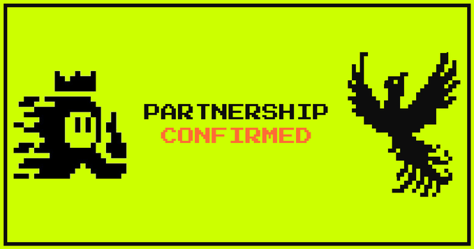 A retro 8-bit style pixel art graphic on a lime green background showing a knight piece with motion blur, an eagle, and the text 'PARTNERSHIP CONFIRMED' in black and red.