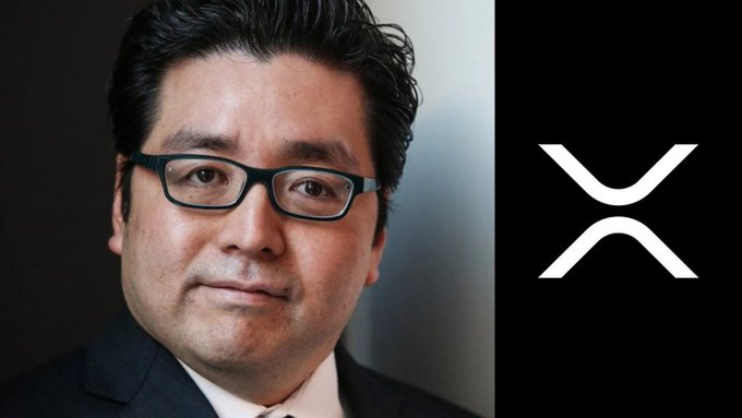 Split image showing a portrait of an Asian man wearing glasses on the left and the XRP cryptocurrency logo on a black background on the right.