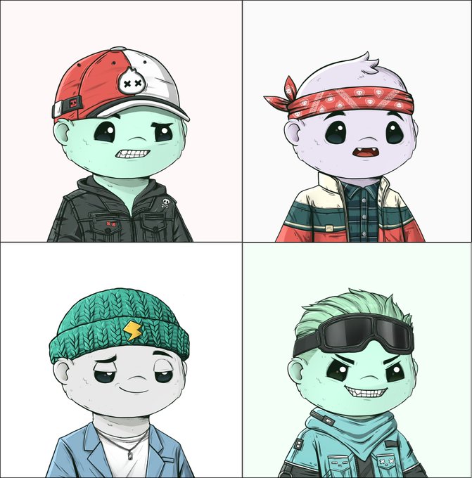 Four cartoon characters in a 2x2 grid showcase different "kid" archetypes with varied outfits—including a red cap, bandana, knit beanie with lightning bolt, and goggles—all featuring mint-green skin tones that tie into the minting announcement for the "KIDS" NFT collection on OpenSea.
